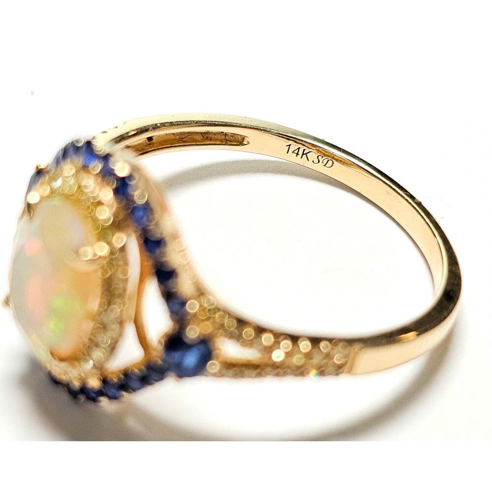14k Gold Opal, Diamond & Sapphire Halo Ring, Size 10.5 Signed - Picture 5 of 6